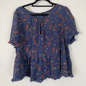 Madewell Floral Silk Blouse XXL Short Sleeve Flutter Sleeves Scoop Neck Shirt